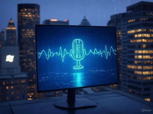 A computer monitor displays a neon microphone and sound wave graphic against a city skyline at night.