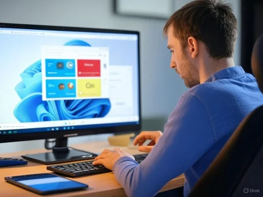 A man working on a computer with a Windows 11 screen in an office setting.
