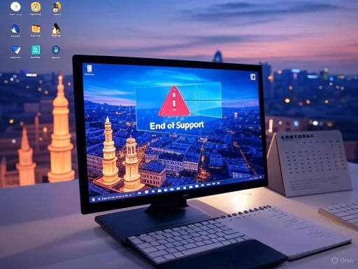 Computer screen shows an 'End of Support' warning with a cityscape background at sunset.