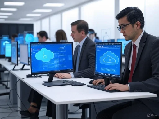 Business professionals working on cloud security or data management in an office.