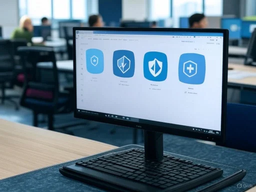 A computer monitor displaying health and security icons in a modern office with people working in the background.
