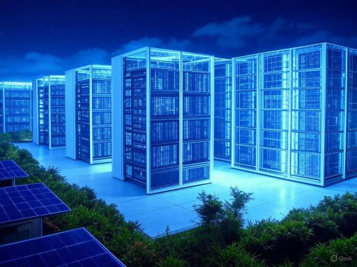 Data center containers at night with prominent blue lighting, surrounded by solar panels and greenery.