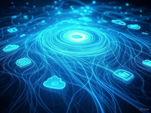 Digital illustration of interconnected cloud and app icons representing cloud computing and data connectivity.