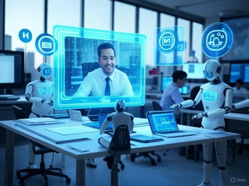 A man has a video call with humanoid robots in a high-tech office setting.
