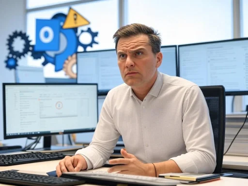 A man appears confused or concerned while working at his desk in an office with multiple computer monitors in the background.