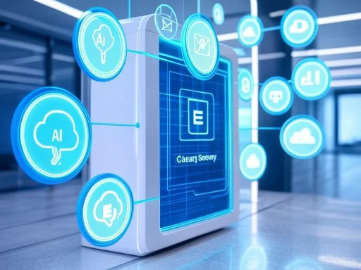 Digital security and cloud computing concepts with holographic AI and email icons. Digital security and cloud computing concepts with holographic AI and email icons.