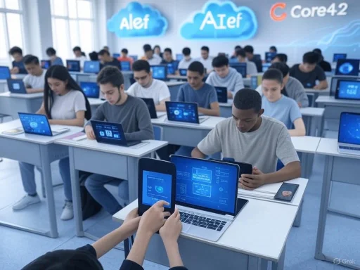 Students working on laptops and tablets in a modern classroom focused on AI and technology education.