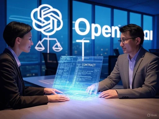 Two professionals interview with a holographic contract in a modern office with open-source branding.