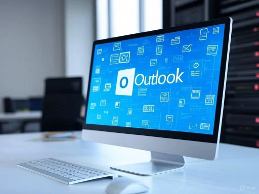 A computer screen displaying the Outlook email application with a blue interface. A computer screen displaying the Outlook email application with a blue interface.