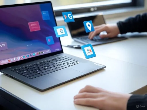 Person working on a laptop, with digital app icons floating above the keyboard.
