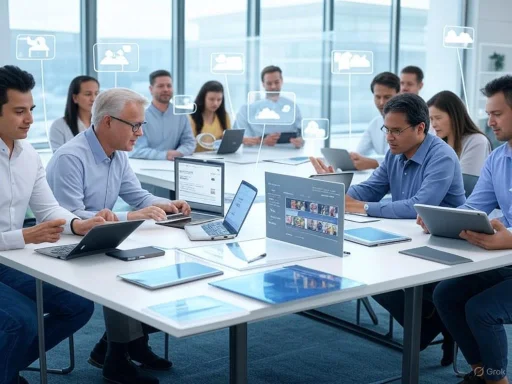 A diverse group of professionals attend a modern conference or brainstorming session with digital and cloud technology visuals.