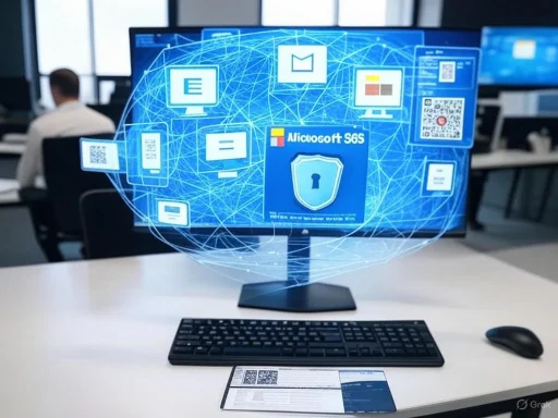 A computer monitor displays a cybersecurity interface with interconnected device icons and the text 'Alicovsoft SGS' in a modern office setting.