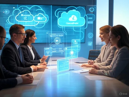 Business team discussing cloud computing and digital technology in a futuristic, high-tech meeting room.