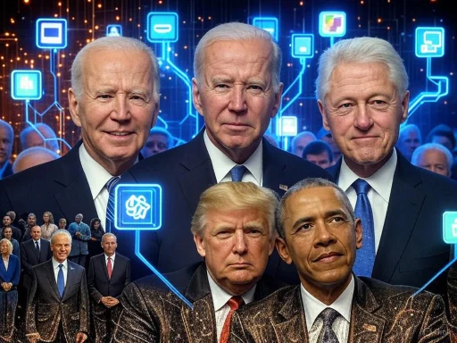 U.S. political leaders depicted in a digitally-enhanced, futuristic setting with holographic icons and a diverse audience. U.S. political leaders depicted in a digitally-enhanced, futuristic setting with holographic icons and a diverse audience.