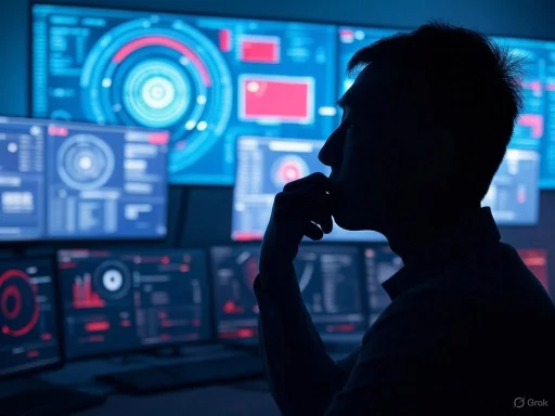 A person analyzes multiple computer screens displaying complex data and visuals in a high-tech control room.