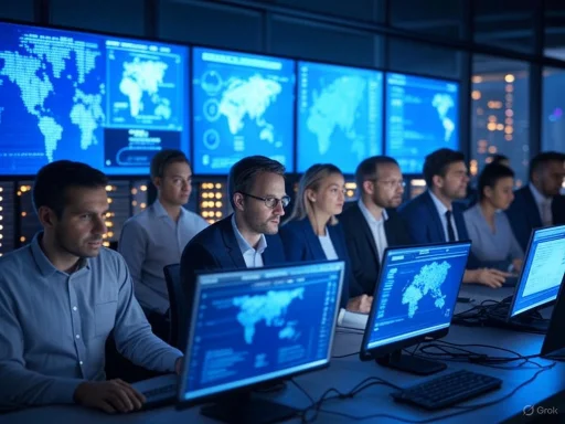 A team of professionals monitors global data on multiple screens in a high-tech operations center.