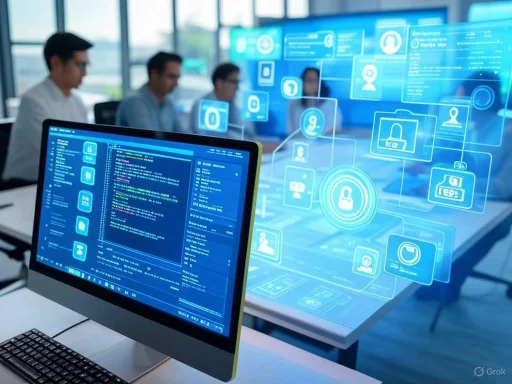 Team of professionals collaborating on cybersecurity or data privacy with digital security graphics on a large screen.
