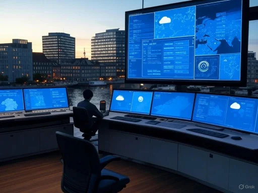 A control room with multiple screens displaying surveillance data, overlooking a river and city skyline at dusk.