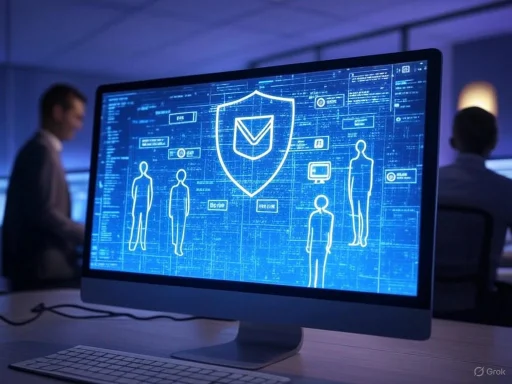 A digital security interface on a computer screen with human figures and shield icons, in a high-tech environment.