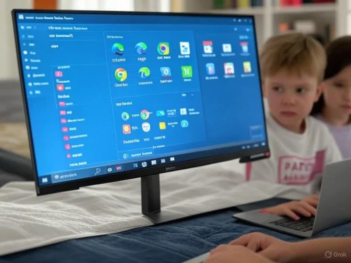 Children sitting near a computer monitor displaying various app icons and a blue-themed interface.