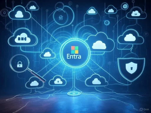 Central 'Entra' cloud with various interconnected icons representing cloud security, privacy, and data.