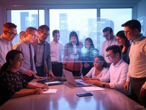 Team of professionals collaborating around a laptop with holographic digital interface projections in a modern office.