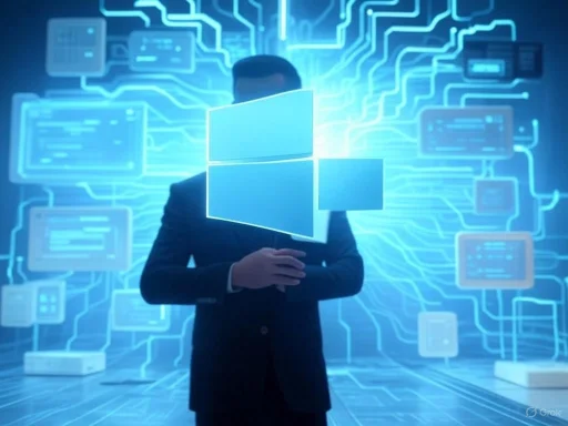 A person in a suit standing in front of a digital backdrop with futuristic tech and Windows logo overlay.