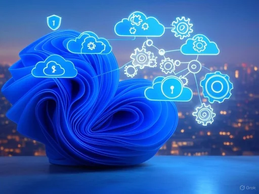 Digital cloud security and data protection concepts illustrated with cloud and gear icons over a blue abstract background.