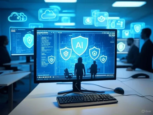 A computer displaying AI and cybersecurity icons, with silhouettes of people in a high-tech monitoring room.