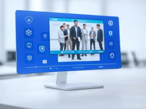 A computer monitor displays a video conference with a group of business professionals in a modern office setting.
