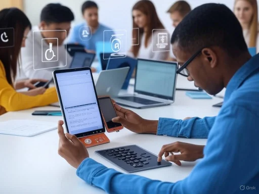 A diverse group of professionals attending a meeting, using digital devices and virtual icons for accessibility.