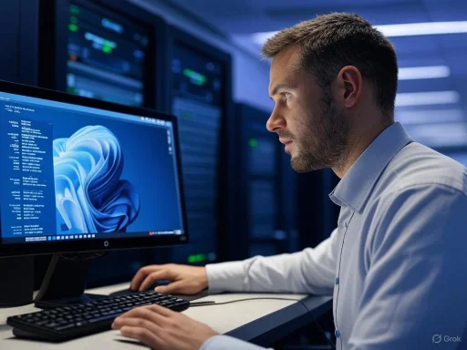 A man works at a computer in a server room, with multiple servers in the background.