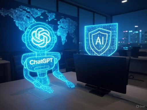 A digital illustration of ChatGPT as a robot with a shield labeled 'AI' in a high-tech office setting.