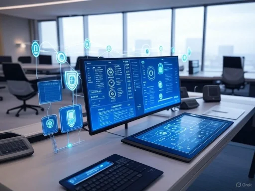 A high-tech, futuristic office workspace with holographic digital interfaces and multiple screens displaying data.