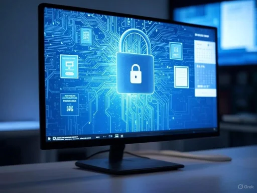 A computer monitor displays a digital lock icon with a circuit board background, symbolizing cybersecurity or data protection. A computer monitor displays a digital lock icon with a circuit board background, symbolizing cybersecurity or data protection.