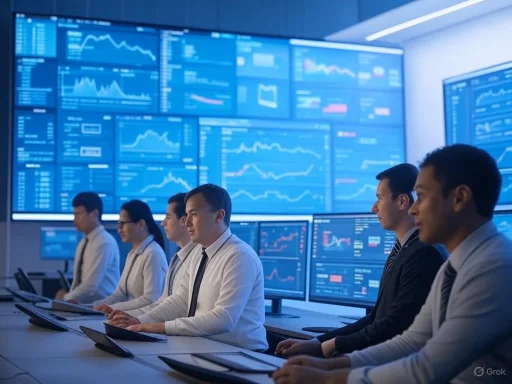 Team of professionals analyzing financial data on multiple screens in a control room or trading floor.