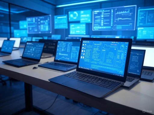 Multiple laptops display data analytics and charts in a high-tech control room setting.