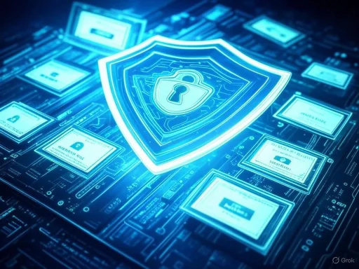 Digital security concept with a glowing shield and lock symbol on a high-tech circuit board.