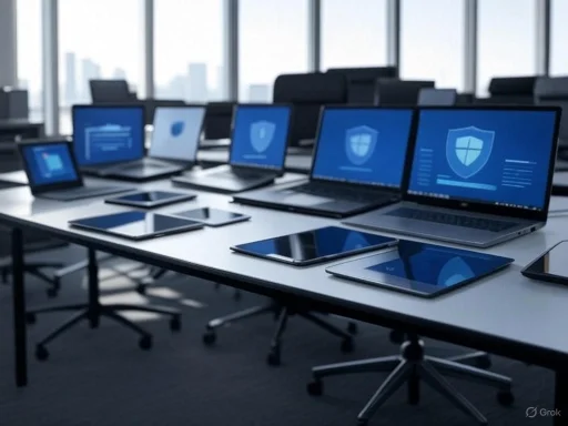 Multiple laptops and tablets display security shield icons in a bright modern office conference room.