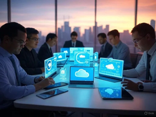 Business professionals working on cloud technology with futuristic digital screens in a conference room at sunset.
