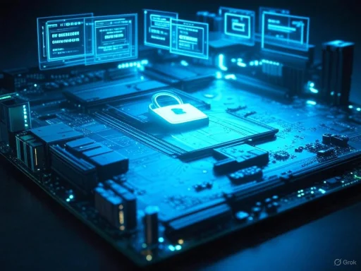 A computer motherboard illuminated with neon blue lights, featuring a illuminated padlock icon symbolizing cybersecurity.