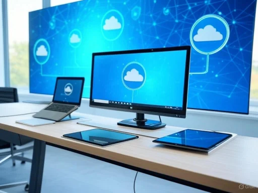 Multiple electronic devices display cloud computing icons on a modern office desk with a digital cloud network background.