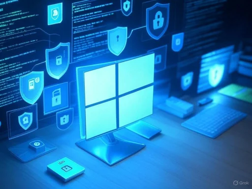 A computer desk with a monitor, keyboard, and security icons on digital screens, highlighting cybersecurity. A computer desk with a monitor, keyboard, and security icons on digital screens, highlighting cybersecurity.