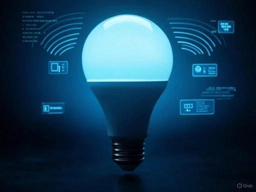 A digital illustration of a glowing LED light bulb surrounded by holographic data and interface elements.