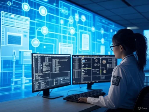 A woman monitors multiple computer screens displaying coding and network data in a high-tech control room.