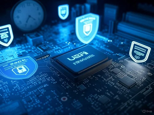 A digital circuit board features a processor labeled 'UFA' with holographic security icons and shields representing cybersecurity.