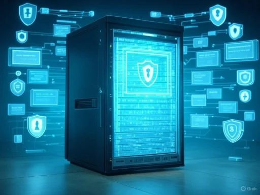 A server surrounded by holographic security icons and data visuals representing cybersecurity and data protection.