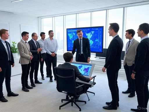 Business team discusses data analysis in a modern office with large screens displaying world maps.