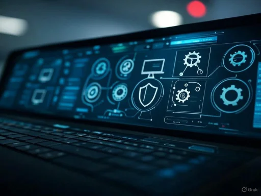 Futuristic digital interface on a laptop screen showing security, gear, and technology icons.