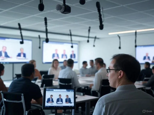 A press conference or panel discussion with multiple speakers in front of video screens and microphones.